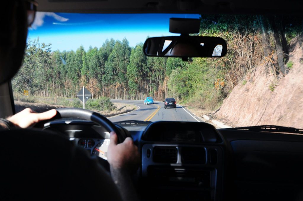 Driver navigating winding road with forest ahead